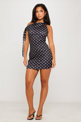Black Polka Dot One Shoulder Knot Detail Mini Dress