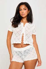 White Crochet Knit Button Top & Micro Shorts Co-Ord