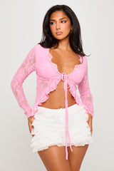 Pink Lace Ruffle Detail Tie Front Top