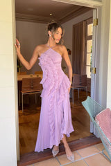 Pink Halterneck Ruffle Asymmetric Gown Dress