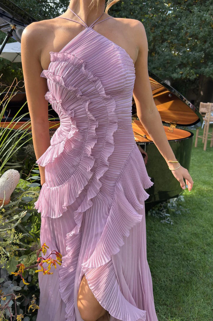Pink Halterneck Ruffle Asymmetric Gown Dress