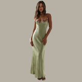Carvella Satin Slip Dress | Light Green Bodycon Dress with Floral Embroidered Bust and Straps