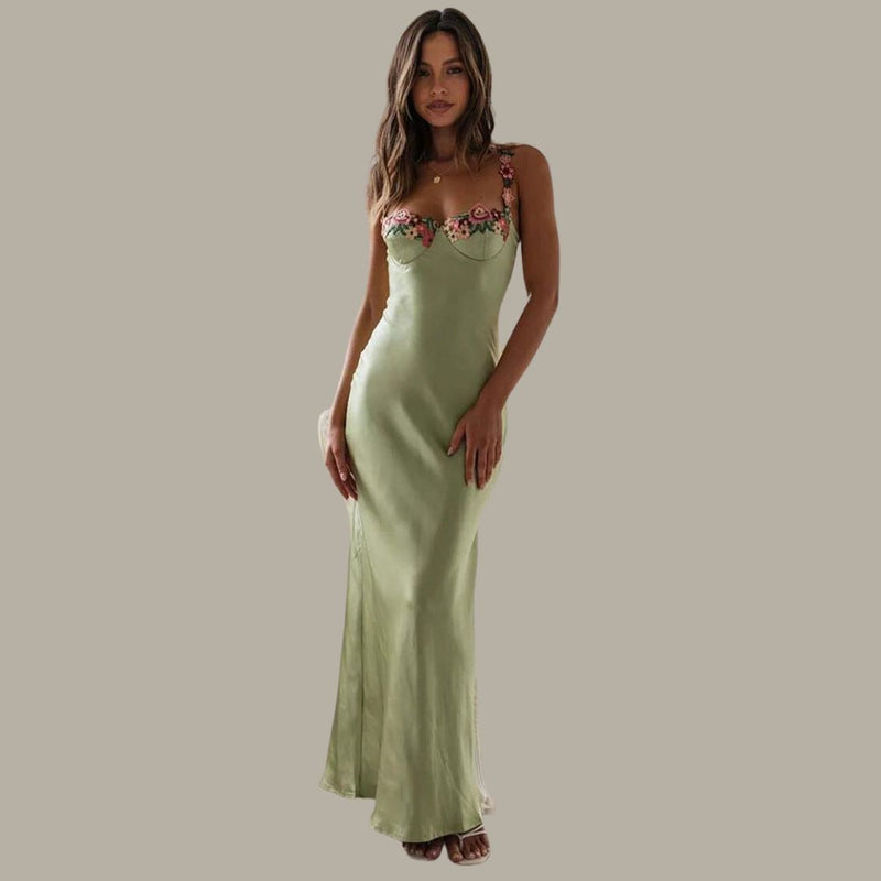 Carvella Satin Slip Dress | Light Green Bodycon Dress with Floral Embroidered Bust and Straps