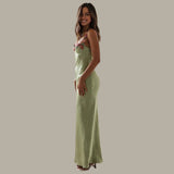 Carvella Satin Slip Dress | Light Green Bodycon Dress with Floral Embroidered Bust and Straps