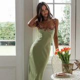 Carvella Satin Slip Dress | Light Green Bodycon Dress with Floral Embroidered Bust and Straps