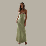 Carvella Satin Slip Dress | Light Green Bodycon Dress with Floral Embroidered Bust and Straps