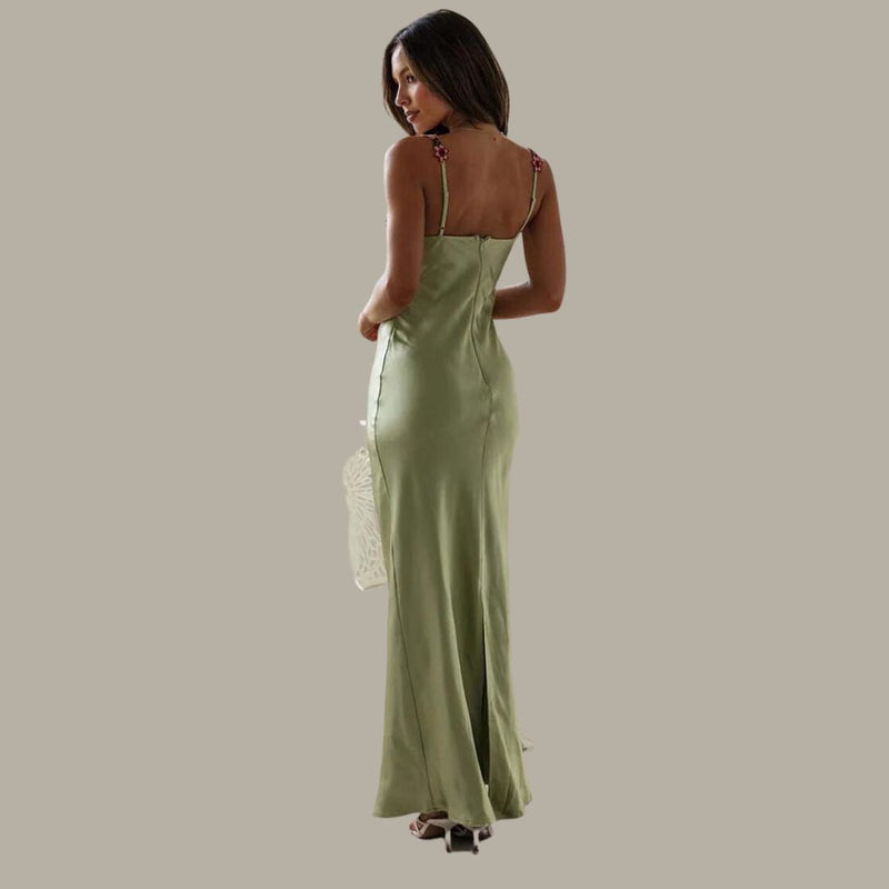 Carvella Satin Slip Dress | Light Green Bodycon Dress with Floral Embroidered Bust and Straps
