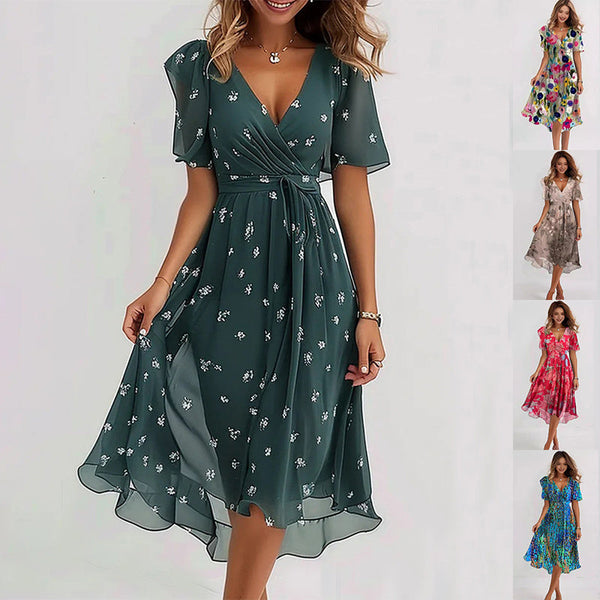 Fionelle Dress | Vibrant V-Neck Midi Dress with Flowy Fit and Short Flutter Sleeves
