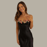 Carvella Satin Slip Dress | Light Green Bodycon Dress with Floral Embroidered Bust and Straps