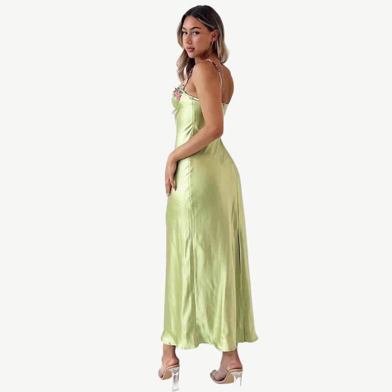 Carvella Satin Slip Dress | Light Green Bodycon Dress with Floral Embroidered Bust and Straps