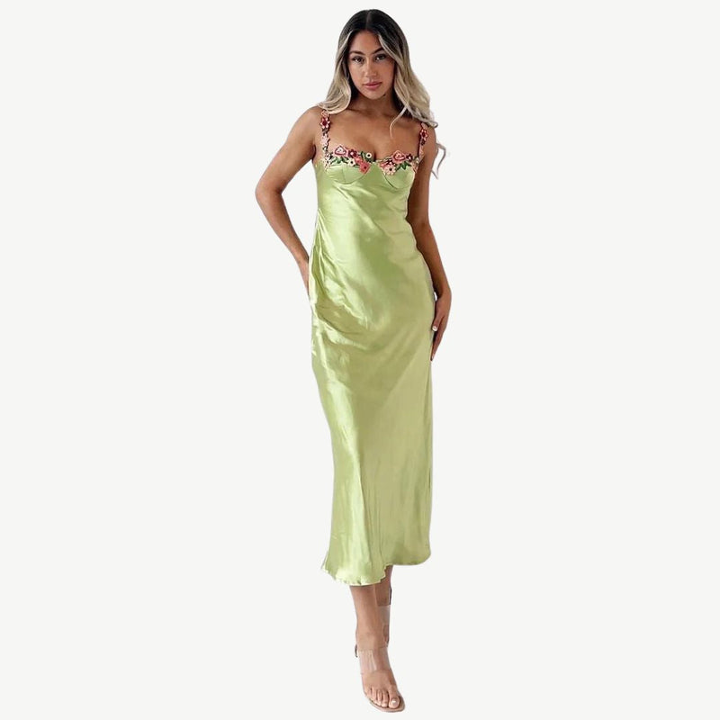 Carvella Satin Slip Dress | Light Green Bodycon Dress with Floral Embroidered Bust and Straps