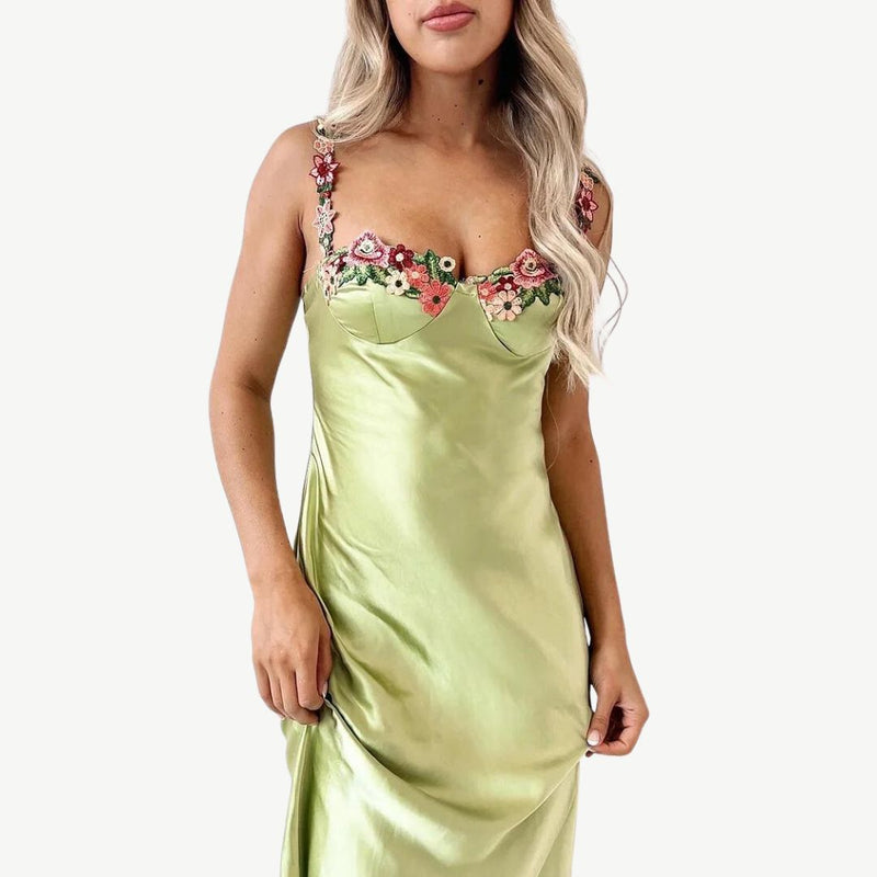 Carvella Satin Slip Dress | Light Green Bodycon Dress with Floral Embroidered Bust and Straps