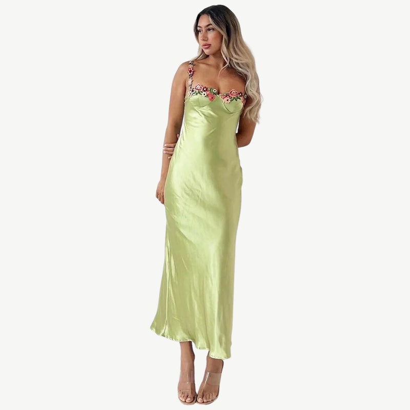 Carvella Satin Slip Dress | Light Green Bodycon Dress with Floral Embroidered Bust and Straps