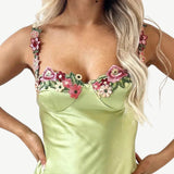 Carvella Satin Slip Dress | Light Green Bodycon Dress with Floral Embroidered Bust and Straps