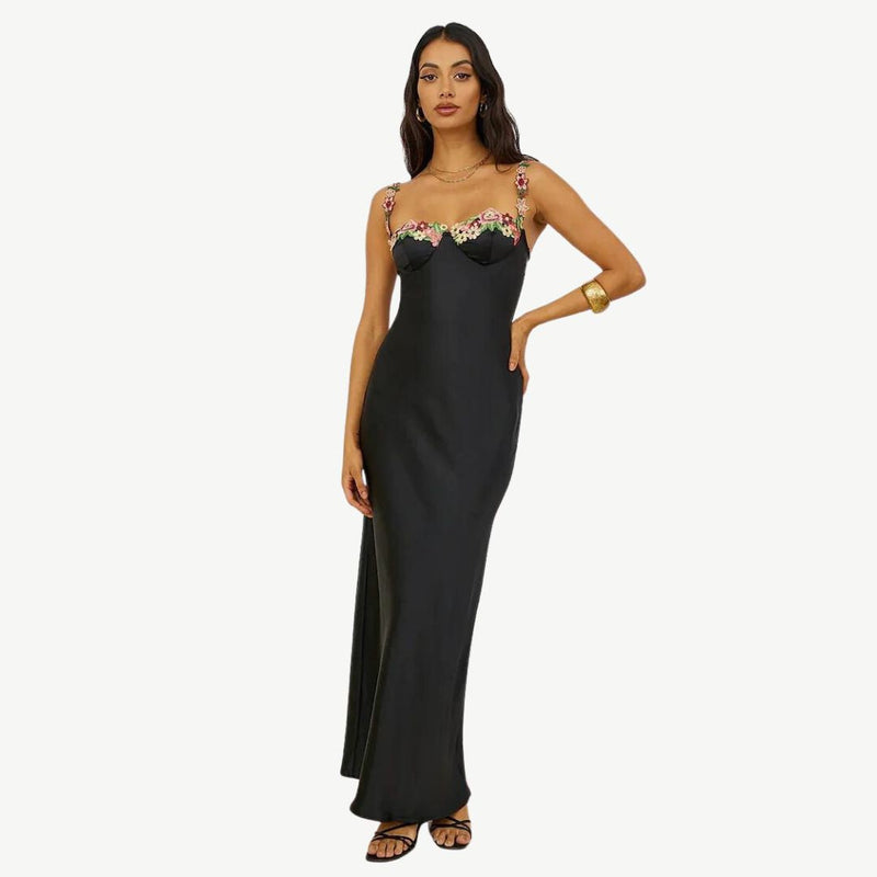 Carvella Satin Slip Dress | Light Green Bodycon Dress with Floral Embroidered Bust and Straps