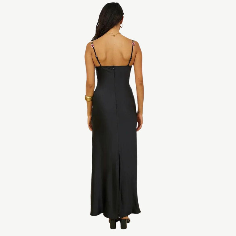 Carvella Satin Slip Dress | Light Green Bodycon Dress with Floral Embroidered Bust and Straps