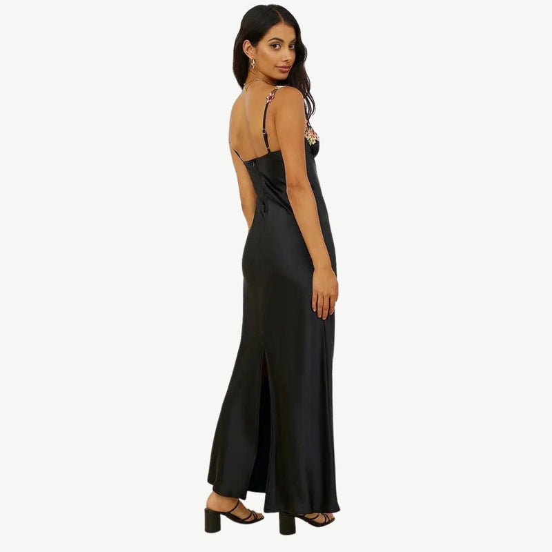 Carvella Satin Slip Dress | Light Green Bodycon Dress with Floral Embroidered Bust and Straps