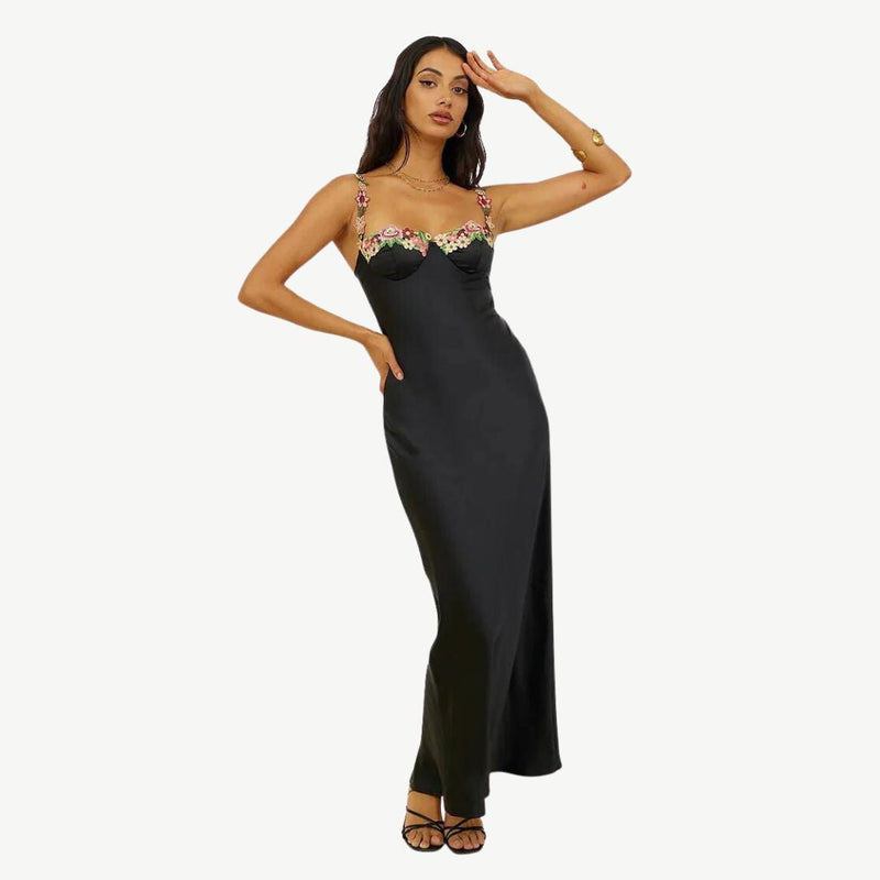Carvella Satin Slip Dress | Light Green Bodycon Dress with Floral Embroidered Bust and Straps