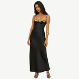 Carvella Satin Slip Dress | Light Green Bodycon Dress with Floral Embroidered Bust and Straps