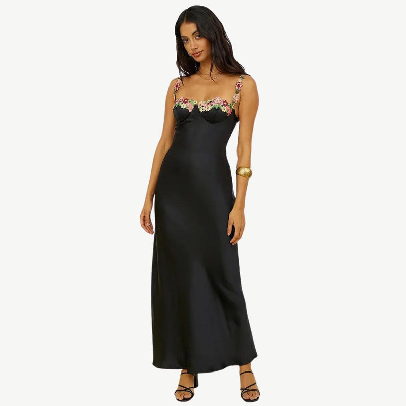 Carvella Satin Slip Dress | Light Green Bodycon Dress with Floral Embroidered Bust and Straps