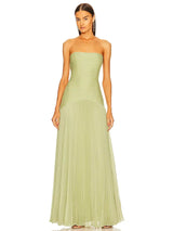 Cevira Maxi Dress | Strapless Sage Green Pleated Maxi Dress with Fitted Bodice