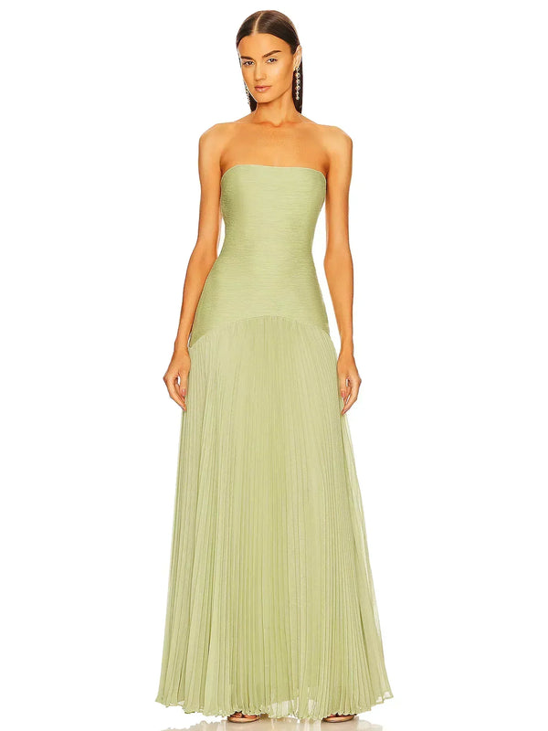 Cevira Maxi Dress | Strapless Sage Green Pleated Maxi Dress with Fitted Bodice