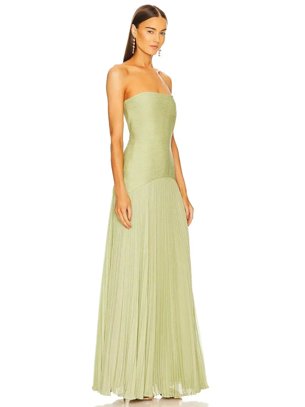 Cevira Maxi Dress | Strapless Sage Green Pleated Maxi Dress with Fitted Bodice
