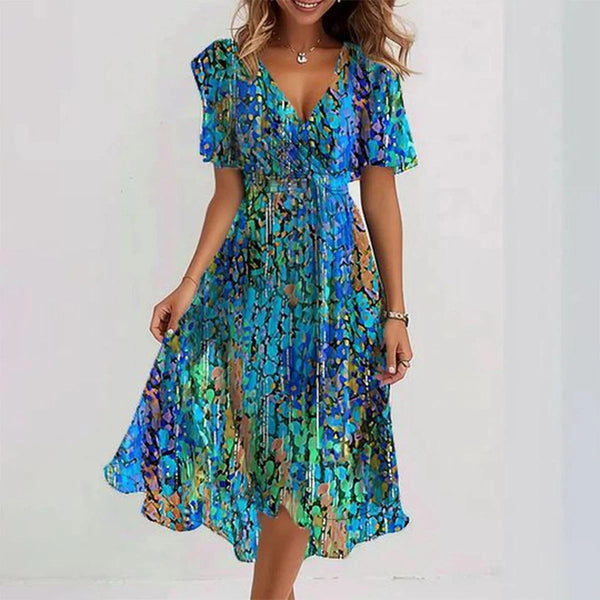 Fionelle Dress | Vibrant V-Neck Midi Dress with Flowy Fit and Short Flutter Sleeves