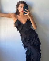 Ceylani Maxi Dress | Red Ruffle Textured Spaghetti Strap Maxi Dress