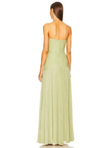 Cevira Maxi Dress | Strapless Sage Green Pleated Maxi Dress with Fitted Bodice