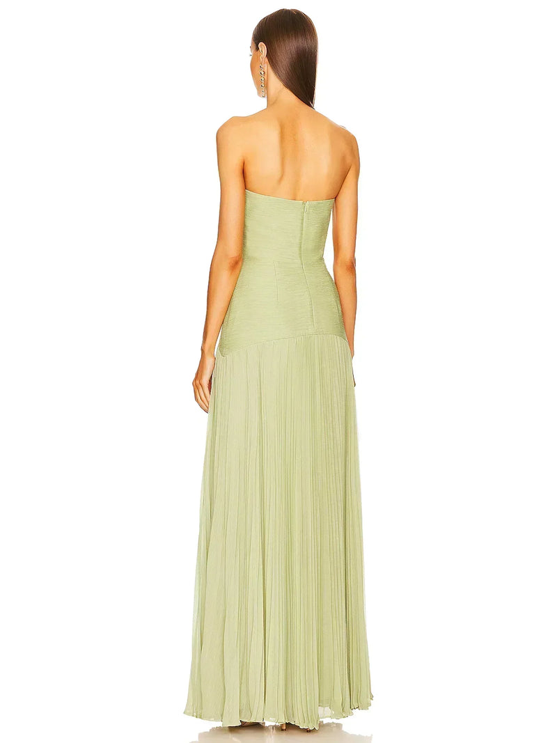 Cevira Maxi Dress | Strapless Sage Green Pleated Maxi Dress with Fitted Bodice