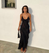 Ceylani Maxi Dress | Red Ruffle Textured Spaghetti Strap Maxi Dress