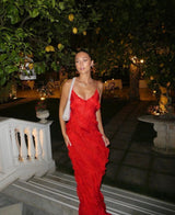 Ceylani Maxi Dress | Red Ruffle Textured Spaghetti Strap Maxi Dress