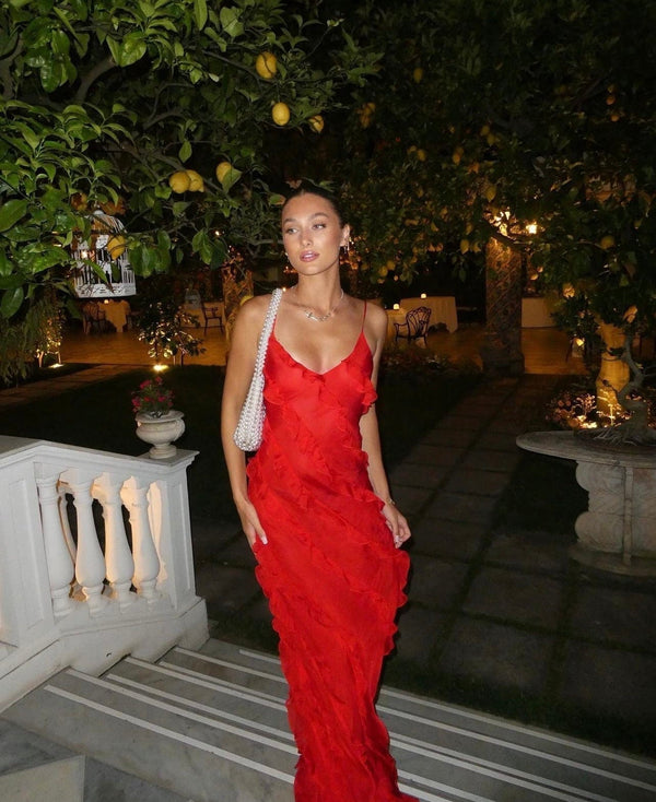 Ceylani Maxi Dress | Red Ruffle Textured Spaghetti Strap Maxi Dress