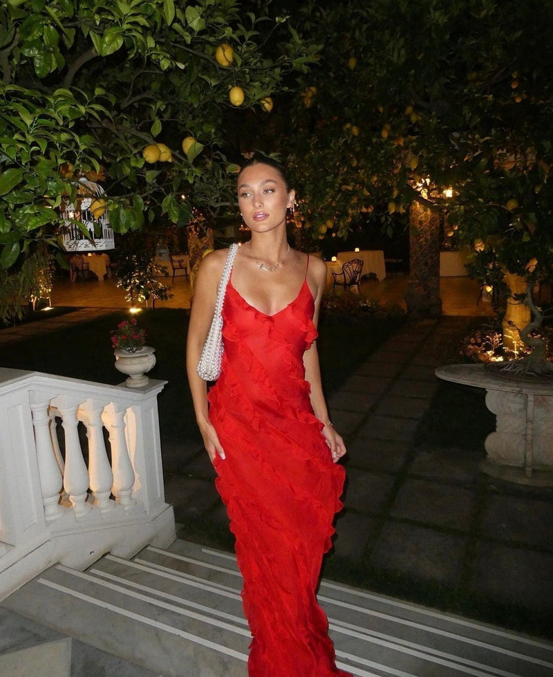 Ceylani Maxi Dress | Red Ruffle Textured Spaghetti Strap Maxi Dress