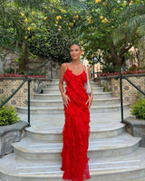 Ceylani Maxi Dress | Red Ruffle Textured Spaghetti Strap Maxi Dress