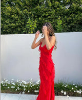 Ceylani Maxi Dress | Red Ruffle Textured Spaghetti Strap Maxi Dress