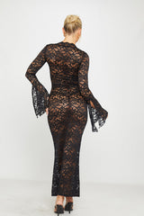 Black Sheer Lace Plunge Flared Sleeve Maxi Dress
