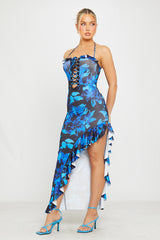 Blue Floral Print Ruffle Halter Tie Front Maxi Dress