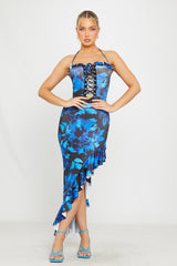 Blue Floral Print Ruffle Halter Tie Front Maxi Dress