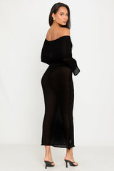 Black Knit Off Shoulder Boucle Maxi Dress