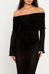 Black Knit Off Shoulder Boucle Maxi Dress