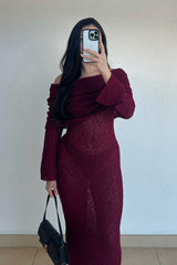 Plum Knit Off Shoulder Boucle Maxi Dress