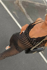 Black Semi Sheer Polka Dot Cowl Neck Maxi Dress