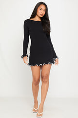 Black Knitted Ruffle Hem Long Sleeve Mini Dress