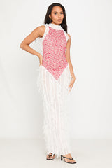 White & Red Sheer Shaggy Open Back Maxi Dress