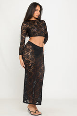 Black Sheer Lace Long Sleeve Top & Maxi Skirt Co-Ord