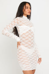 White Sheer Lace High Neck Ruched Mini Dress