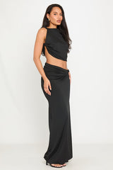 Black Knotted Ruched Crop Top & Maxi Skirt Co-Ord