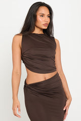 Brown Knotted Ruched Crop Top & Maxi Skirt Co-Ord